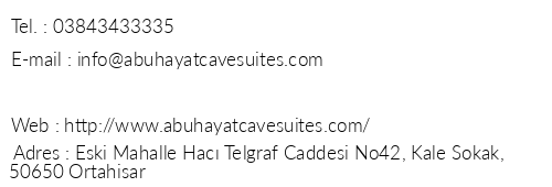 Abu Hayat Cave Suites telefon numaralar, faks, e-mail, posta adresi ve iletiim bilgileri